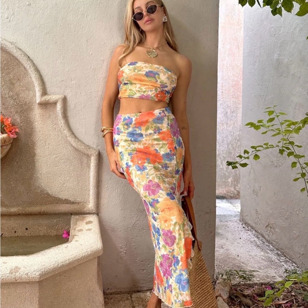 12th Tribe Set 🌺 Marisol Floral Mesh Strapless Crop Top & Midi Skirt set